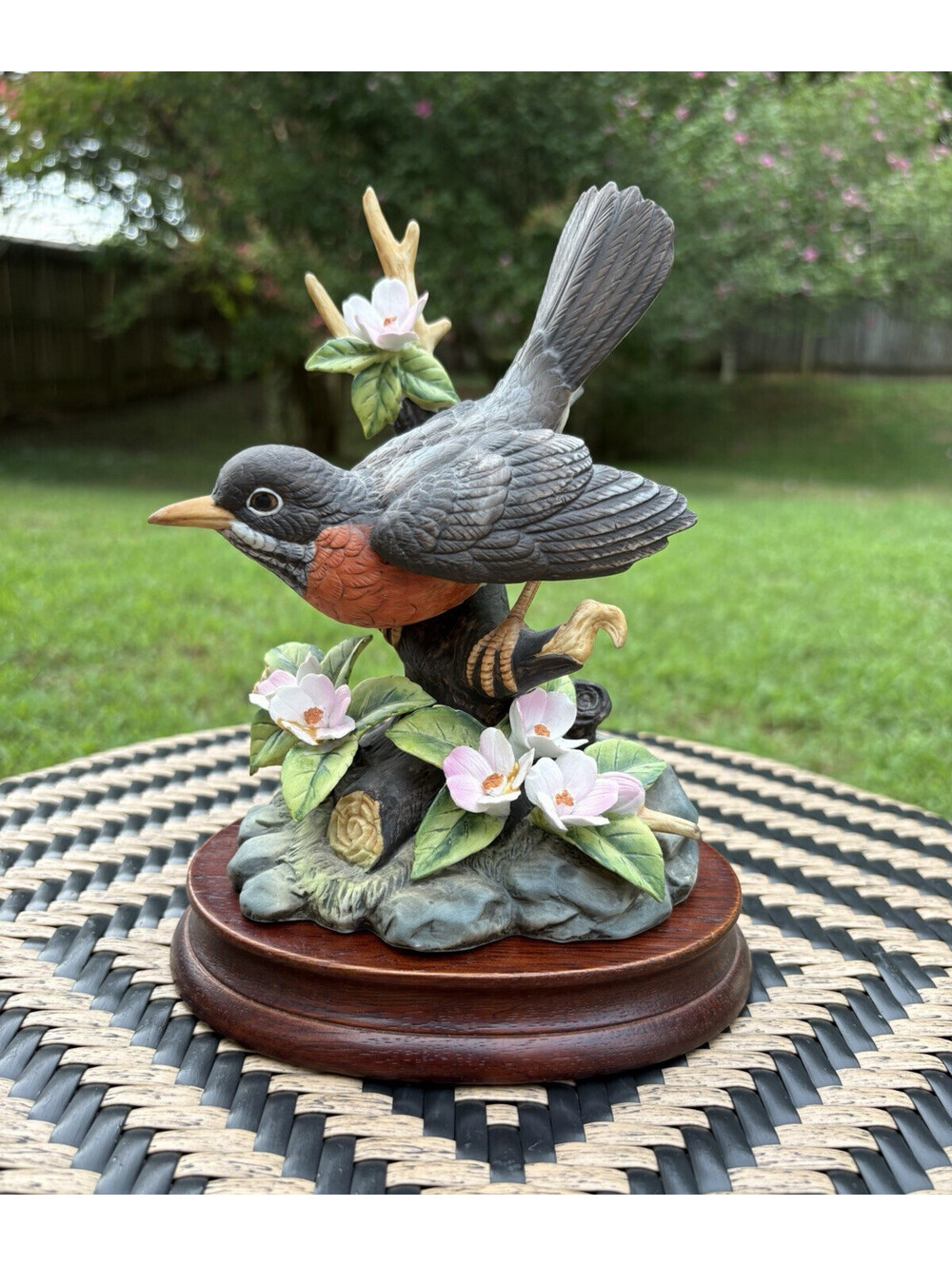 Stefani Porcelains Robin Porcelain Figurine w/ Flowers Wood Base Signed JAPAN